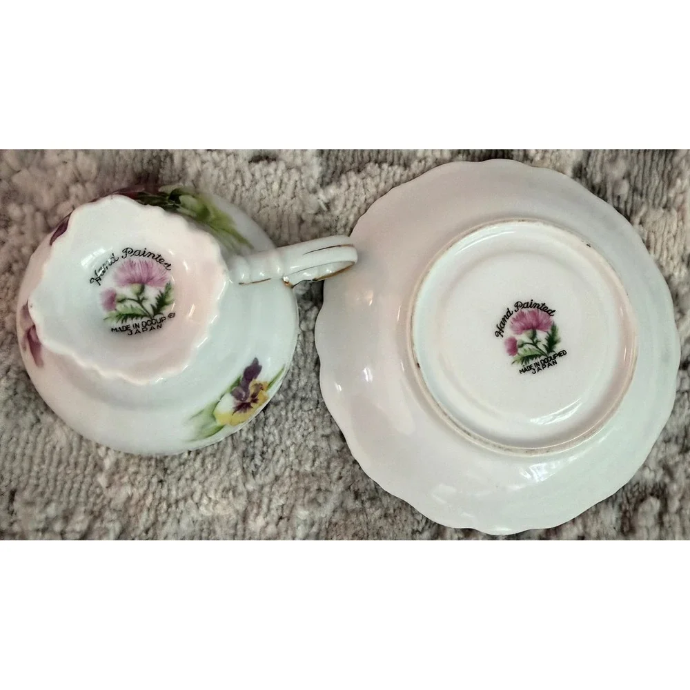 Vintage Hand Painted Pansies Teacup Saucer Set Made in Occupied Japan Gold Trim